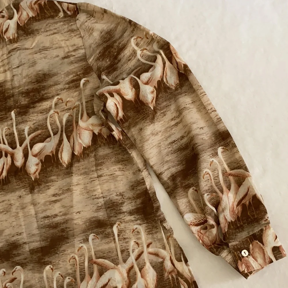 {VTG} Alex Colman Sportswear | 70s Flamingo Print Lightweight LS Pullover Blouse - Picture 15 of 16